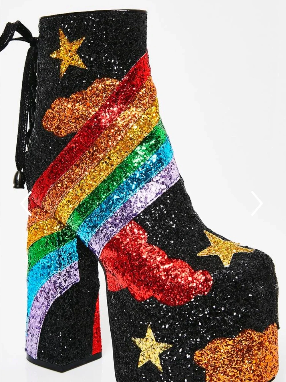 Dolls Kill Stars and Stripes black glitter platform lace back boots size 11